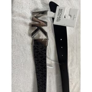 New Michael Kors Men's Silver Tone MK Logo Buckle Black Monogram Belt